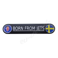 SAAB "BORN FROM JETS" Badge Full Coloured and Chrome with the Griffin in Blue and the Swedish flag